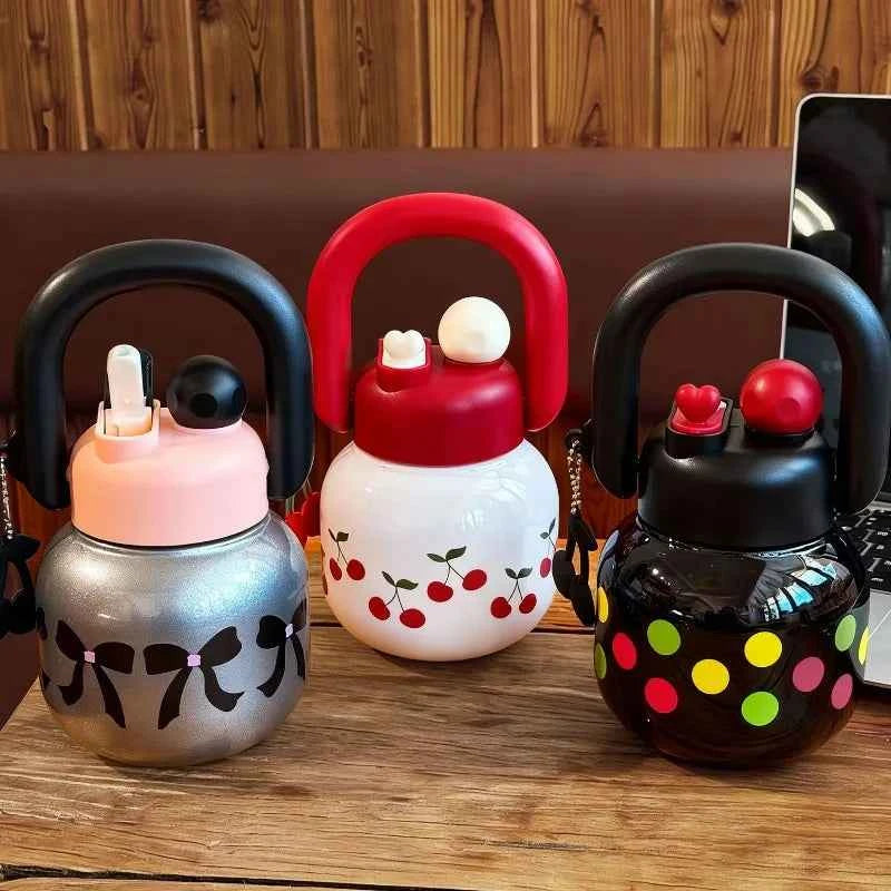 Cute Water Bottle with Decoration, Dual Straws Design, Anti-Lipstick Stain, Detachable Travel Strap Durable Plastic Material