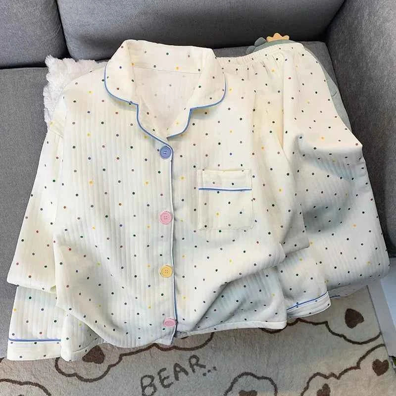 Korean Style Colourful Dot Women's Sleepwear Set 2025 Autumn Winter New Pajamas Set Cute Lapel Neck Casual Homewear 2PC Suit