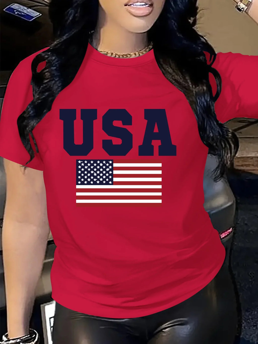 Women'S Patriotic USA Letter Print T-Shirt  Casual Crew Neck Short Sleeve Perfect for Spring  Fall Everyday Tshirt Graphic Tee