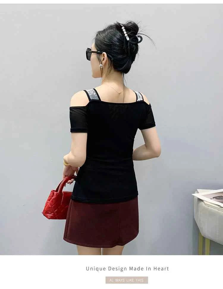 New Arrival Summer European Clothes Women's T-Shirts Chic Luxury Butterfly Hot Diamonds Tees Sexy Girl Slim Streetwear Tops