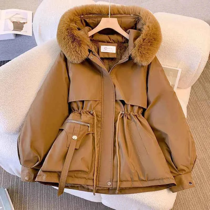 Fleece Lined Hood Down Jacket Winter Coat for Women Warm Drawstring Padded Parkas Korean Casual Streetwear Female Puffer Outwear