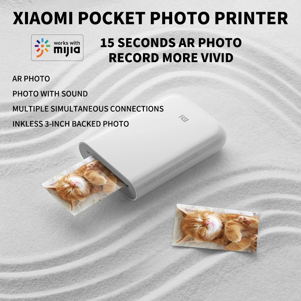MIJIA AR Printer 300dpi Portable Photo Mini Pocket With DIY Share Picture Printer，case or Photo Paper，Work With Mihome APP