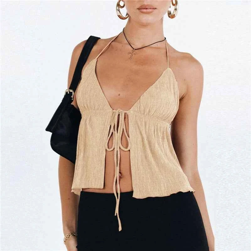 Sexy Summer Cami Top Bowknot Lace-Up Sleeveless Cropped Vest Elegant Youth Clothes Women Fashion Off Shoulder 2024 New
