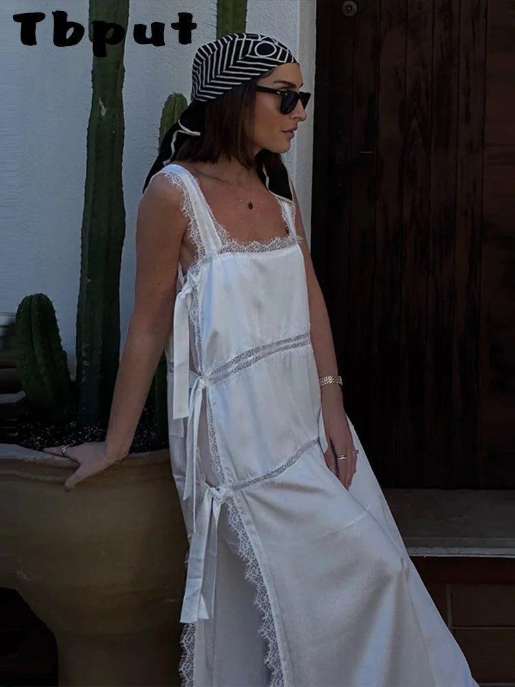 Sexy Solid Lace Patchwork Women's Dress Sleeveless Sling High Split Hollow Out Lady Dresses 2026 Summer Vacation Female Robe