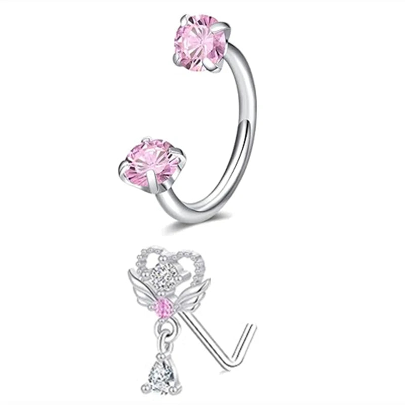 2PCSG Metal color Stainless Steel Nose Ring Set With CZ Studs & Horseshoe