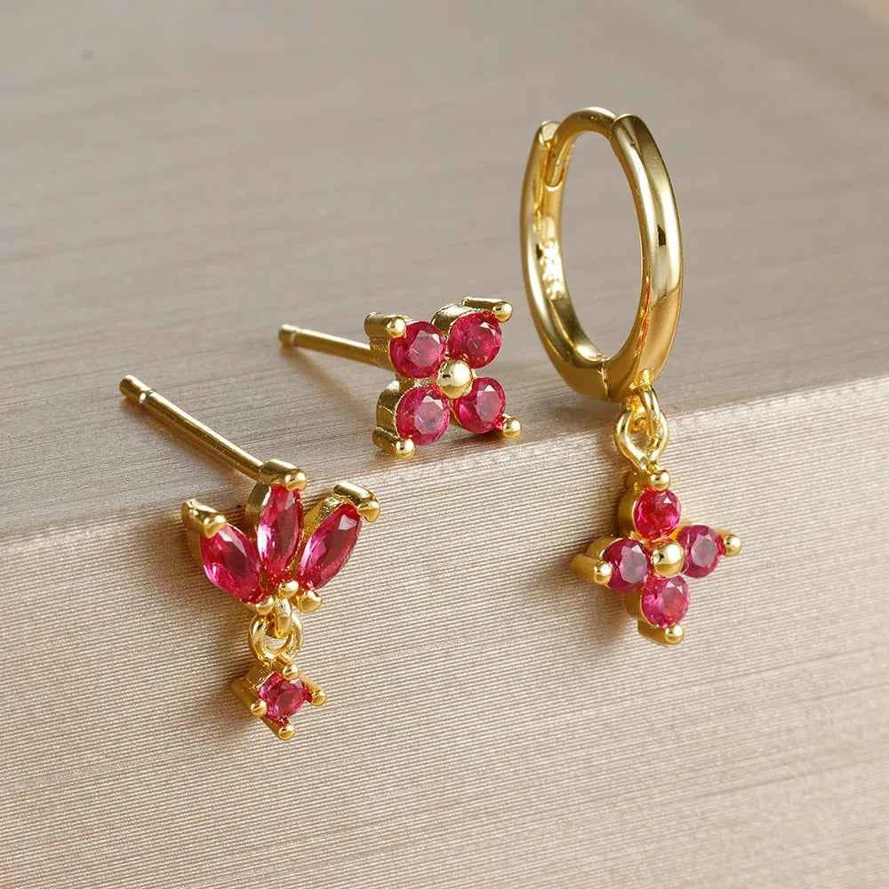 3PCS Fashion Orange Blue Zircon Hanging Earrings Set for Women Stainless Steel Flower Dangle Earring Piercing Jewelry