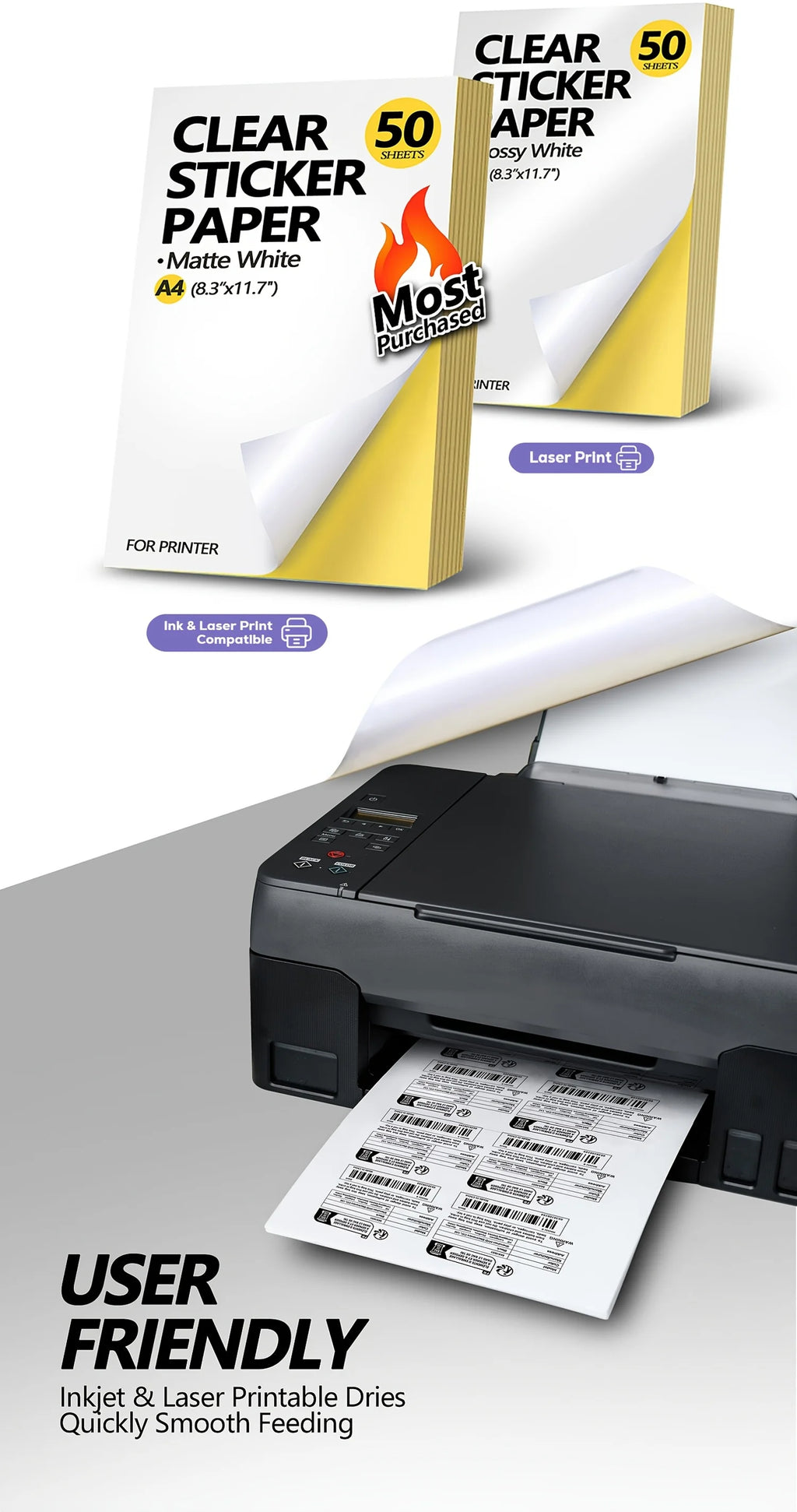 50 sheets Printing paper & A4 size stickers, suitable for laser printers and inkjet printers, self-adhesive printing paper