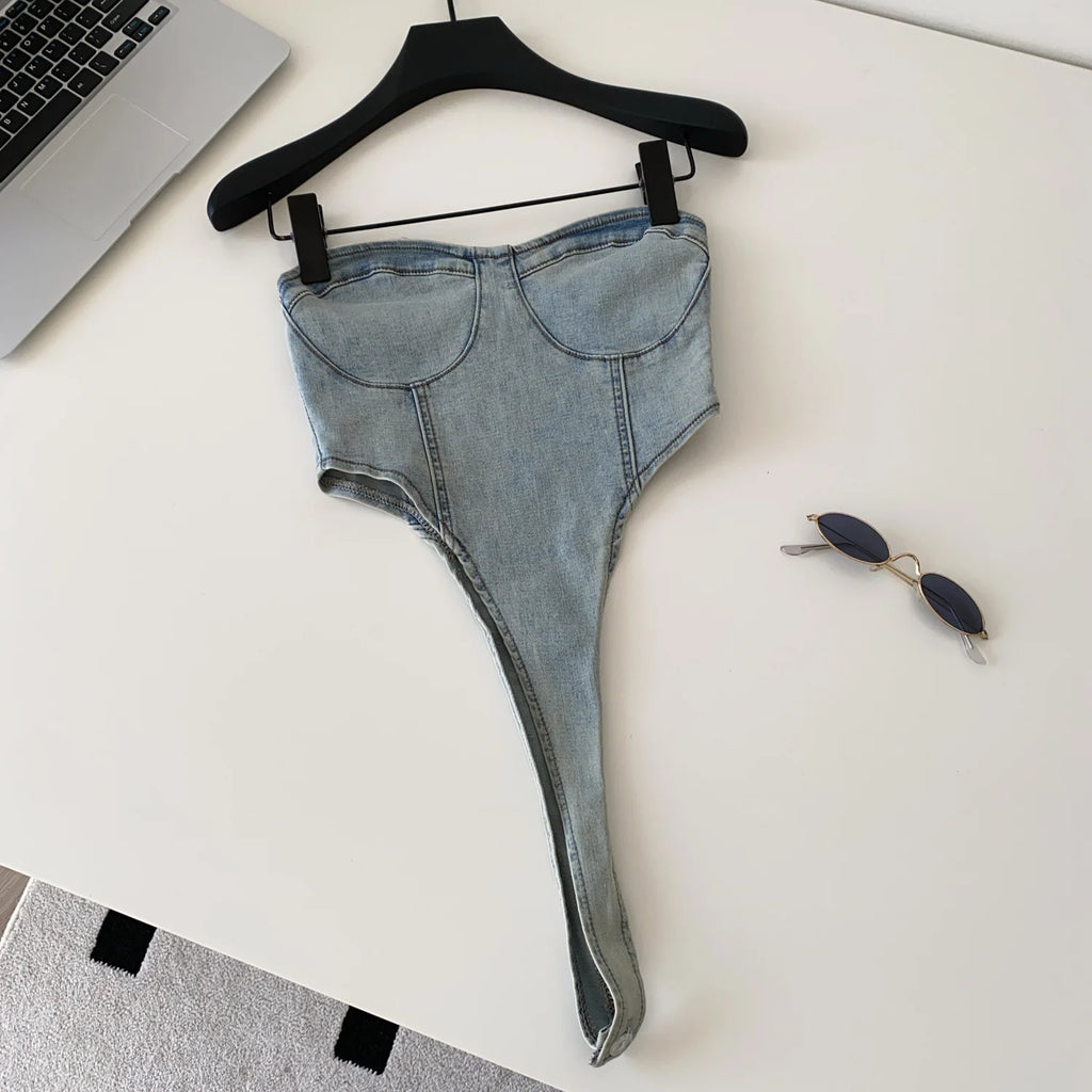 SINGREINY Hot Girl American Retro Sexy Top Female 2026 Minimalist Sleeveless Edgy Beach Bodysuit Strapless 1950s Denim Tank Top