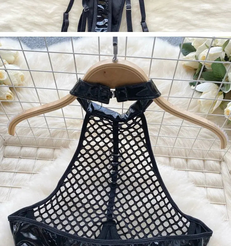 Hotsweet Women's Streetwear Mesh Patchwork Black Red Lady's Bodysuit Backless Sleeveless Halter Female Cool Wear Sexy Party Top