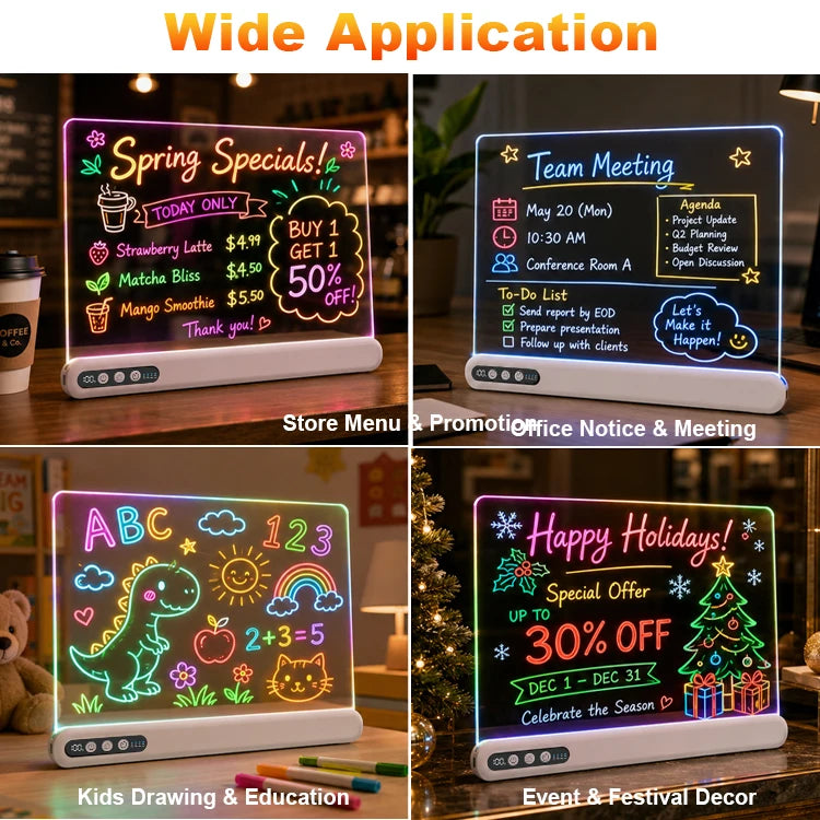 LED Neon Drawing Board with Timer and Battery Display