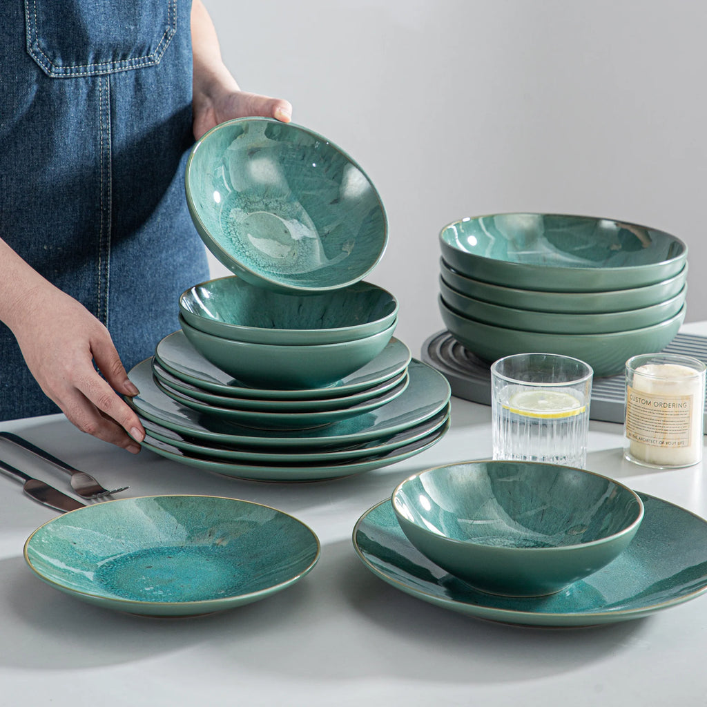 Vancasso KARST 16/32/48 Piece Green Embossed Stoneware Tableware Set with Dinner/Dessert Plate/Soup Bowl/Mug Service for 4/8/12