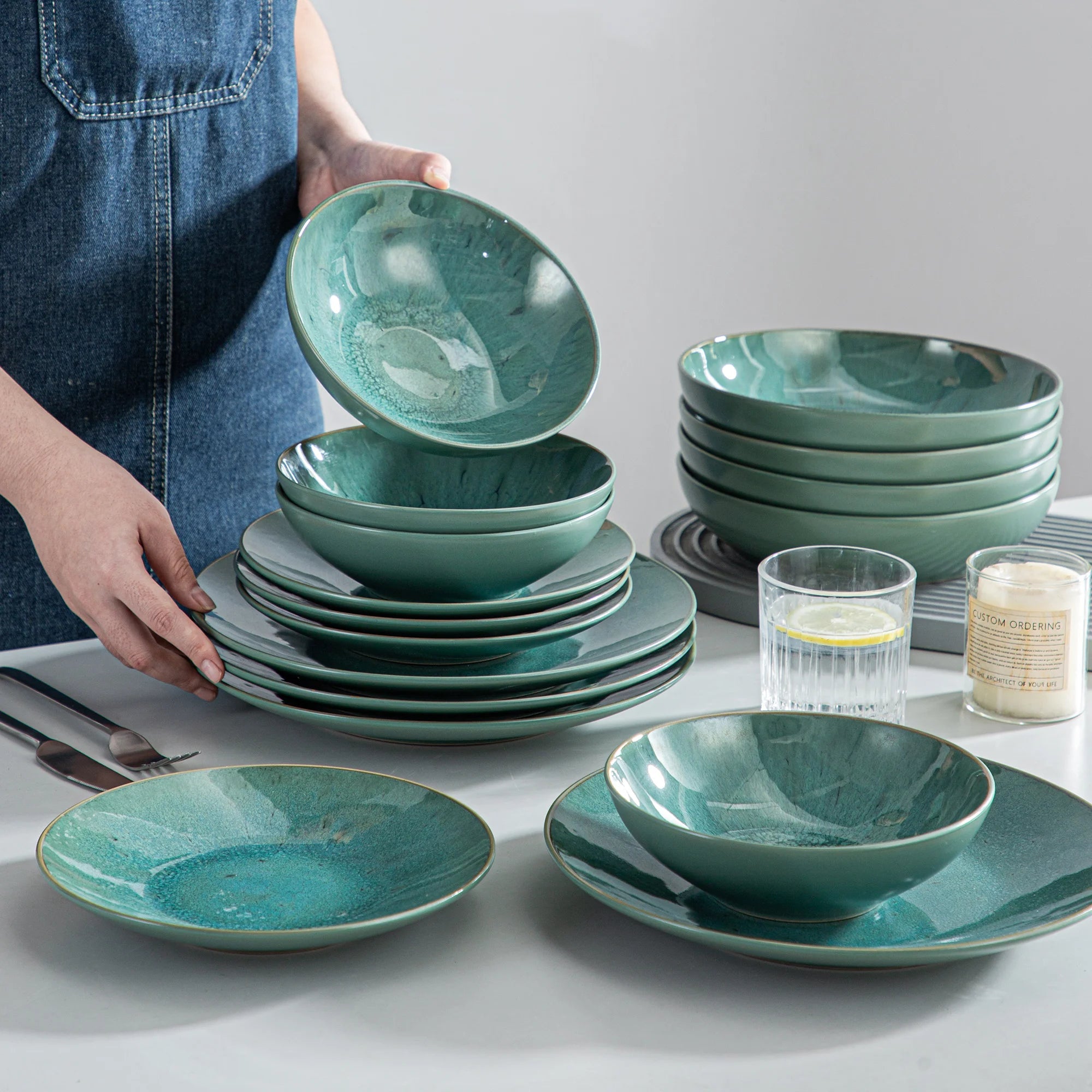 Vancasso KARST 16/32/48 Piece Green Embossed Stoneware Tableware Set with Dinner/Dessert Plate/Soup Bowl/Mug Service for 4/8/12