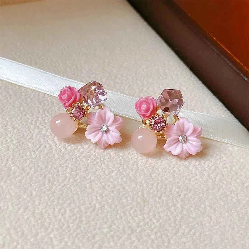 Colorful Flower Earrings Imitation Pearl Geometric Stud Earrings For Women Sweet Elegant Earrings For Party Banquet Jewelry Gift