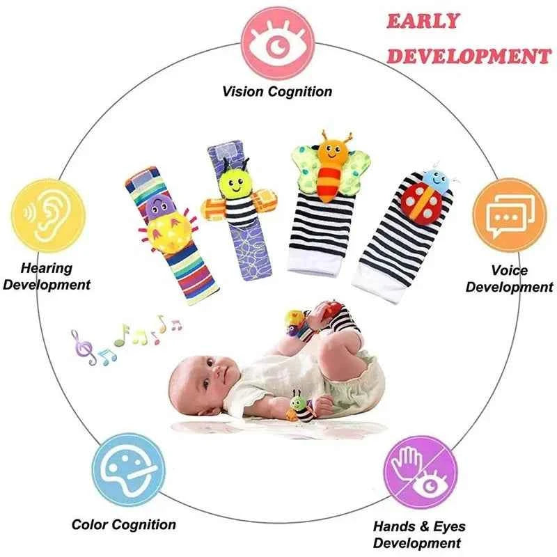 4pcs Baby Toy 0-12 Months Baby Rattles Toys Animal Socks Wrist Strap + Rattle Baby Foot Socks Bug Wrist Strap Baby Socks New