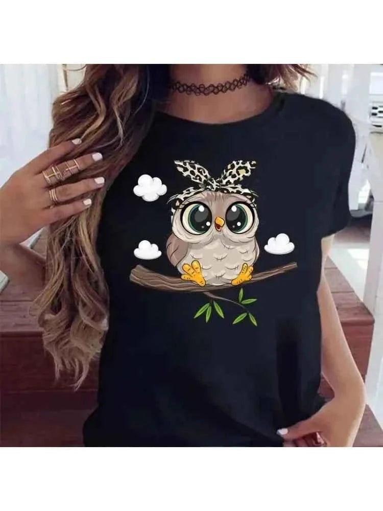Cartoon Owl Print T Shirt Women Kawaii Graphic Shirts Casual Short Sleeved Black Female Tee O-neck Harajuku T-shirts