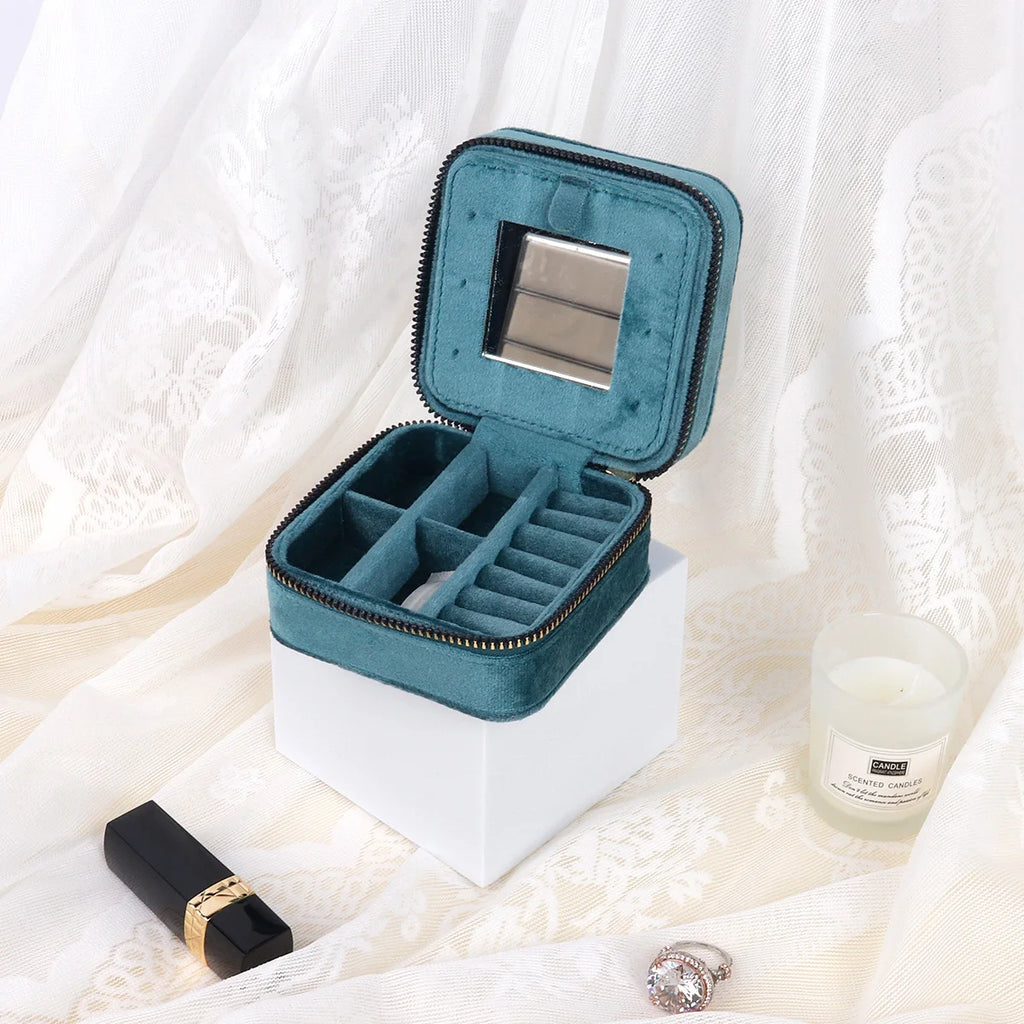 Rhombus Velvet Jewelry Box with Mirror Women Travel Portable Earrings Ring Necklace Storage Display Jewelry Organizer Box
