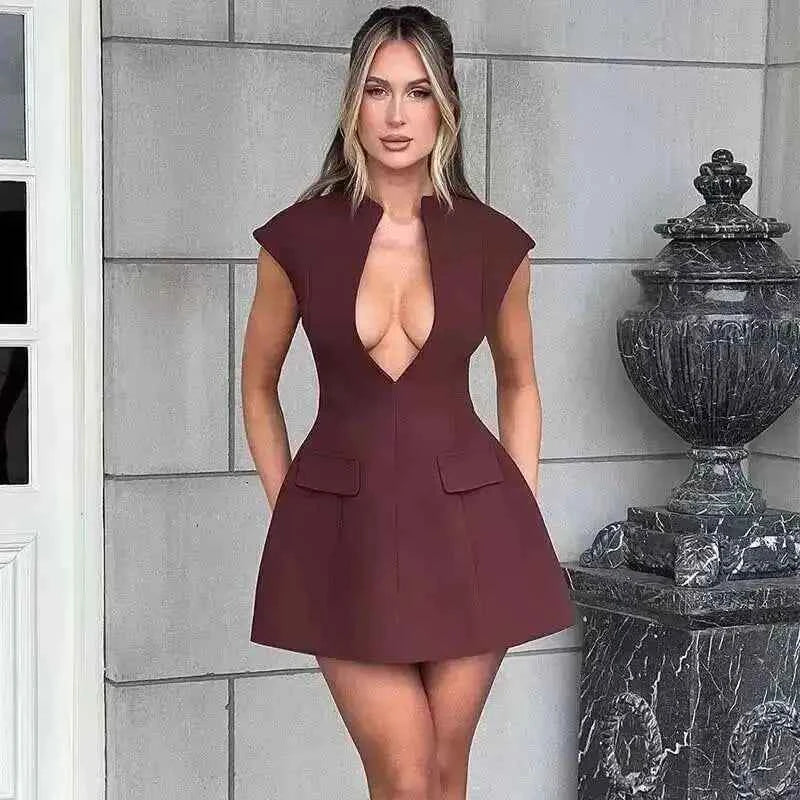 Townlike Pocket Elegant A-line Dress Women Mini 2024 Spring Summer Dress Deep V Neck Nightclub Sexy Party Dresses Vestidos