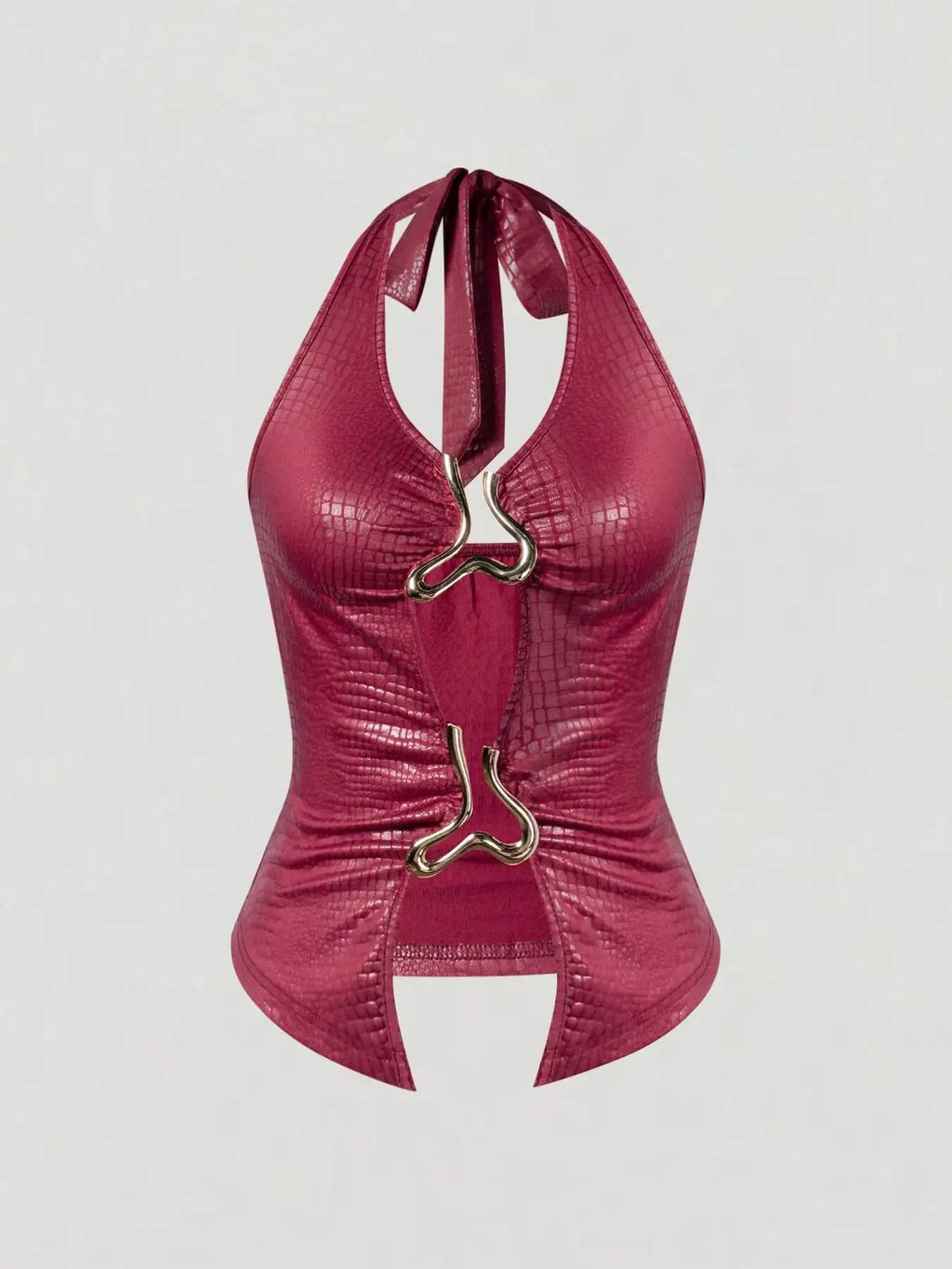 Women's Halter Neck Tank Top Burgundy Croc Embossed Metal Ring Cutout Sleeveless Sexy Top Spring Summer Club Party Crop Top