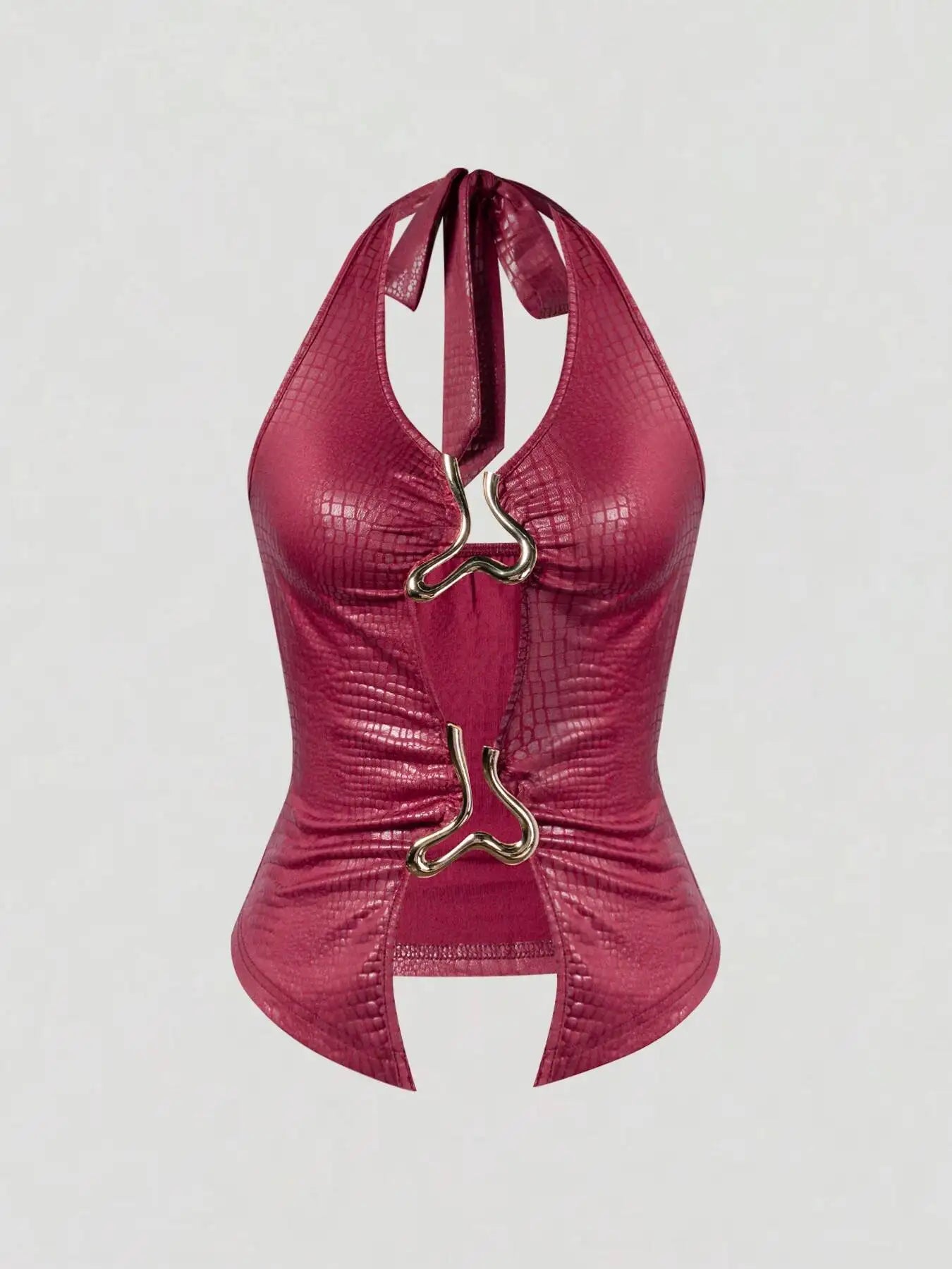 Women's Halter Neck Tank Top Burgundy Croc Embossed Metal Ring Cutout Sleeveless Sexy Top Spring Summer Club Party Crop Top