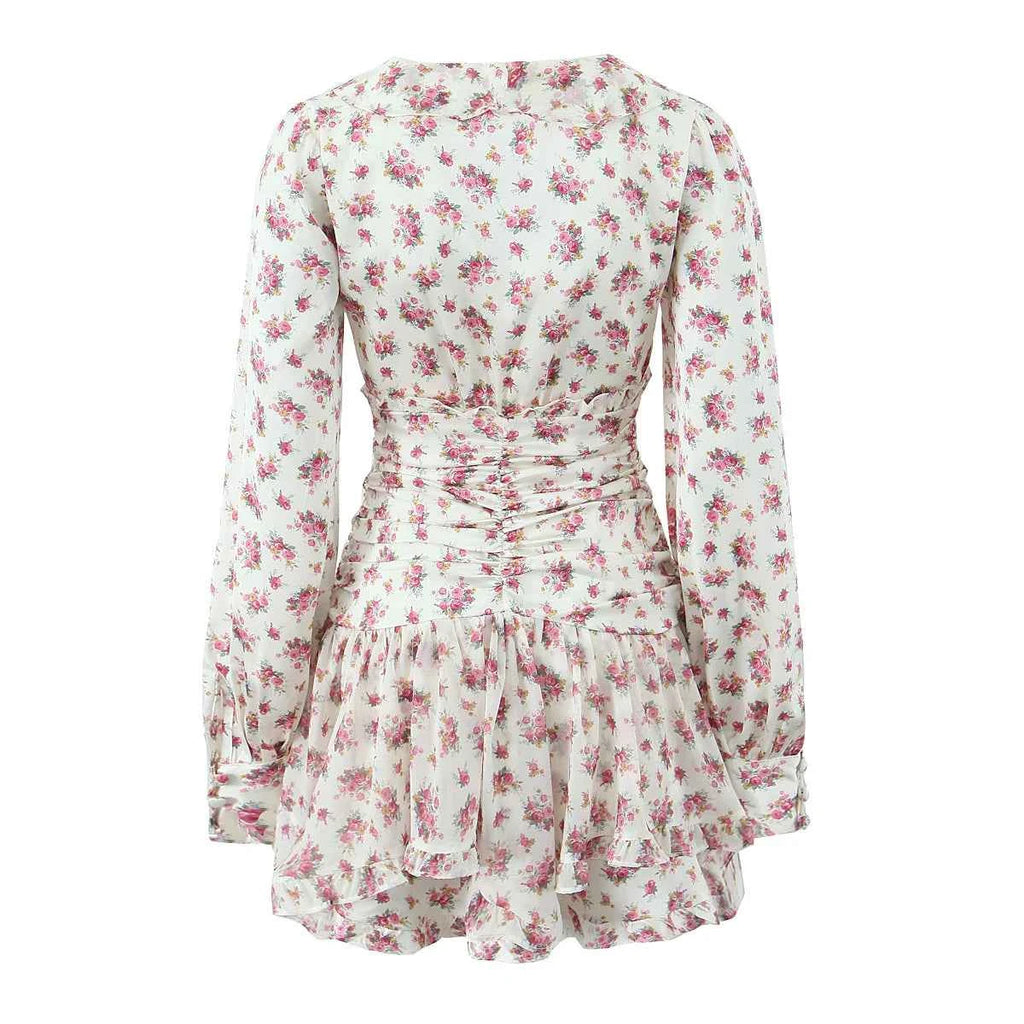 2025 Women White Pink Flower Print Puff Long Sleeve Dress Open Buttons Wood ears Ruffles Hem Mini Shirt Dresses Holiday Robe