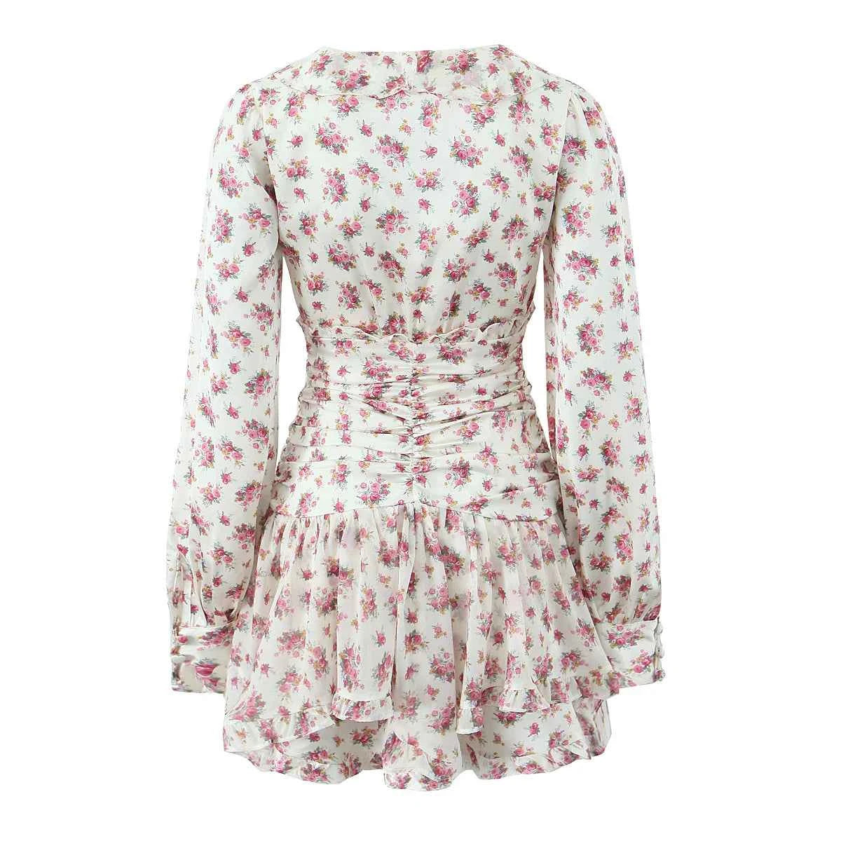 2025 Women White Pink Flower Print Puff Long Sleeve Dress Open Buttons Wood ears Ruffles Hem Mini Shirt Dresses Holiday Robe
