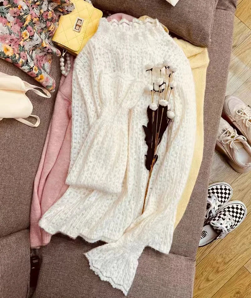 Lace Half Turtleneck Knitted Sweater Women Fall Winter Thick Warm Long Sleeve Pullover Korean Chic Slim Hollow Out Jumper New
