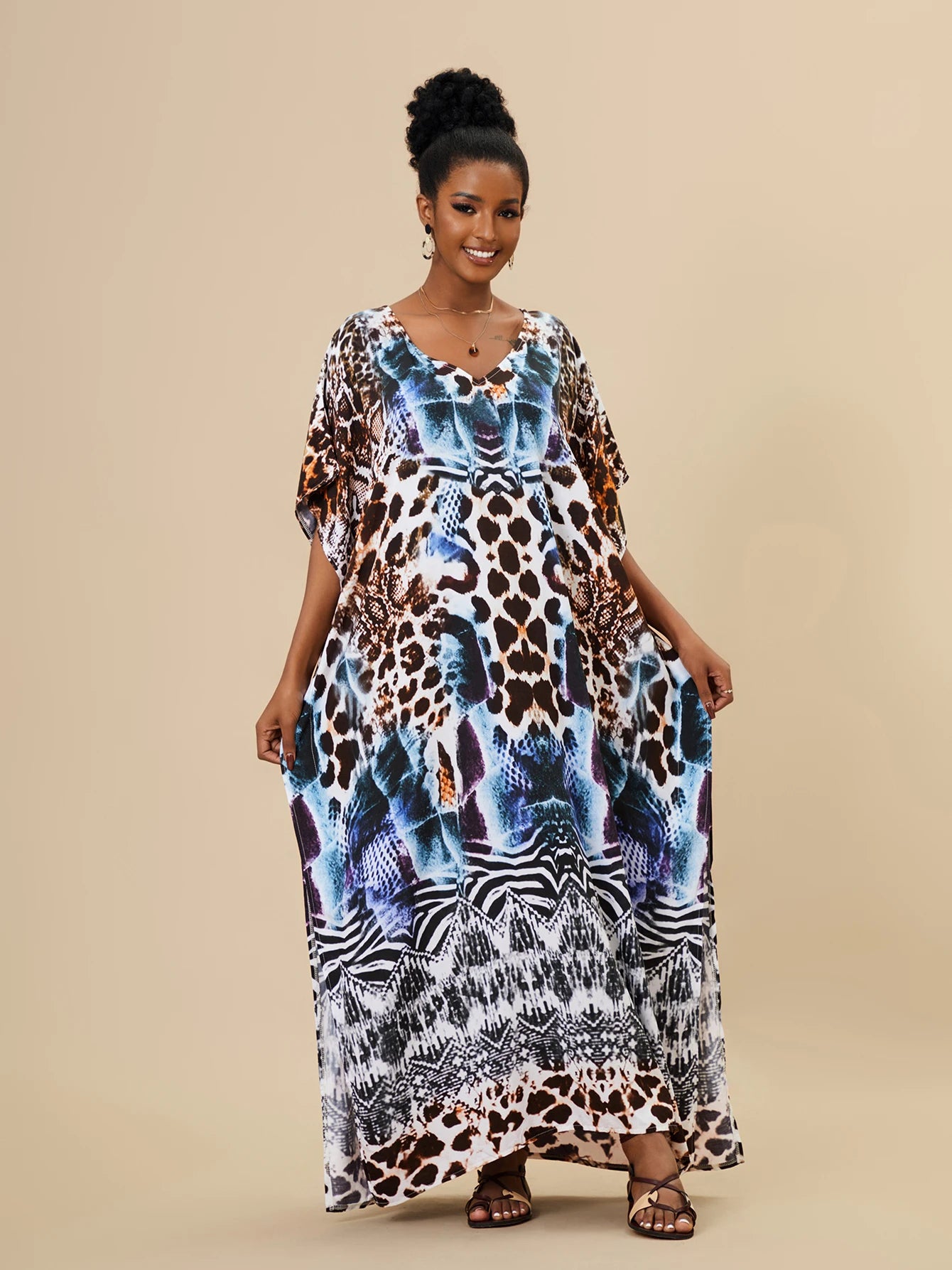 EDOLYNSA 2023 Bohemian Printed Loose Kaftan Casual Summer Vacation Maxi Dress Women Clothing Beach Wear Swim Suit Cover Up Q1469