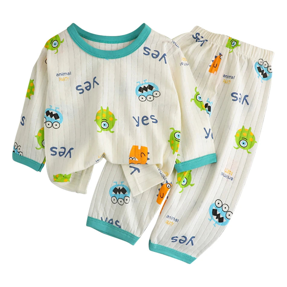 Summer Kids Cotton Pajama Sets Long Sleeve Pants Suitable Baby Gentle Nighttime Comfortable Sleepwear in Air Conditioned Rooms