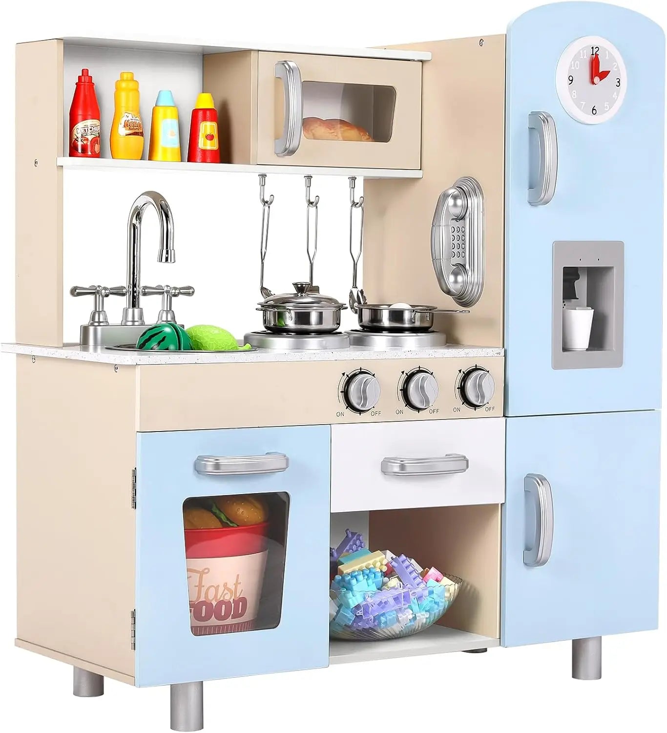 Wooden Play Kitchen Set Pretend Play Kitchen with Lights and Sounds for Kids Ages 3+, Includes Stove Oven Microwave Coffee Maker