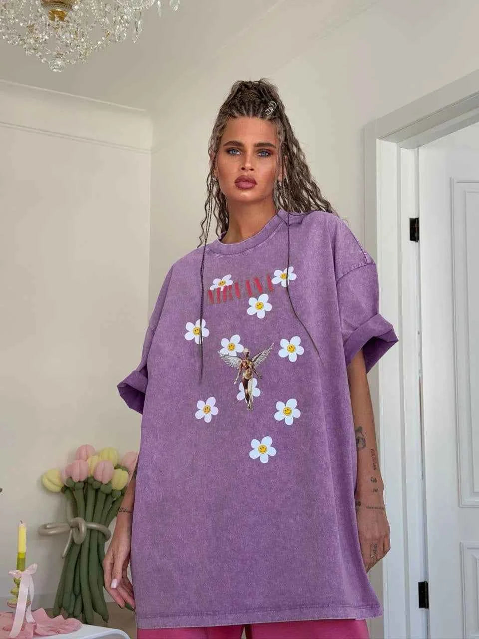Sumuyoo Women's Retro Printed T-shirt Cotton Men Vintage Short-sleeve Wax Printing T Shirts Fashion Hip Hop Loose Fflower Tees