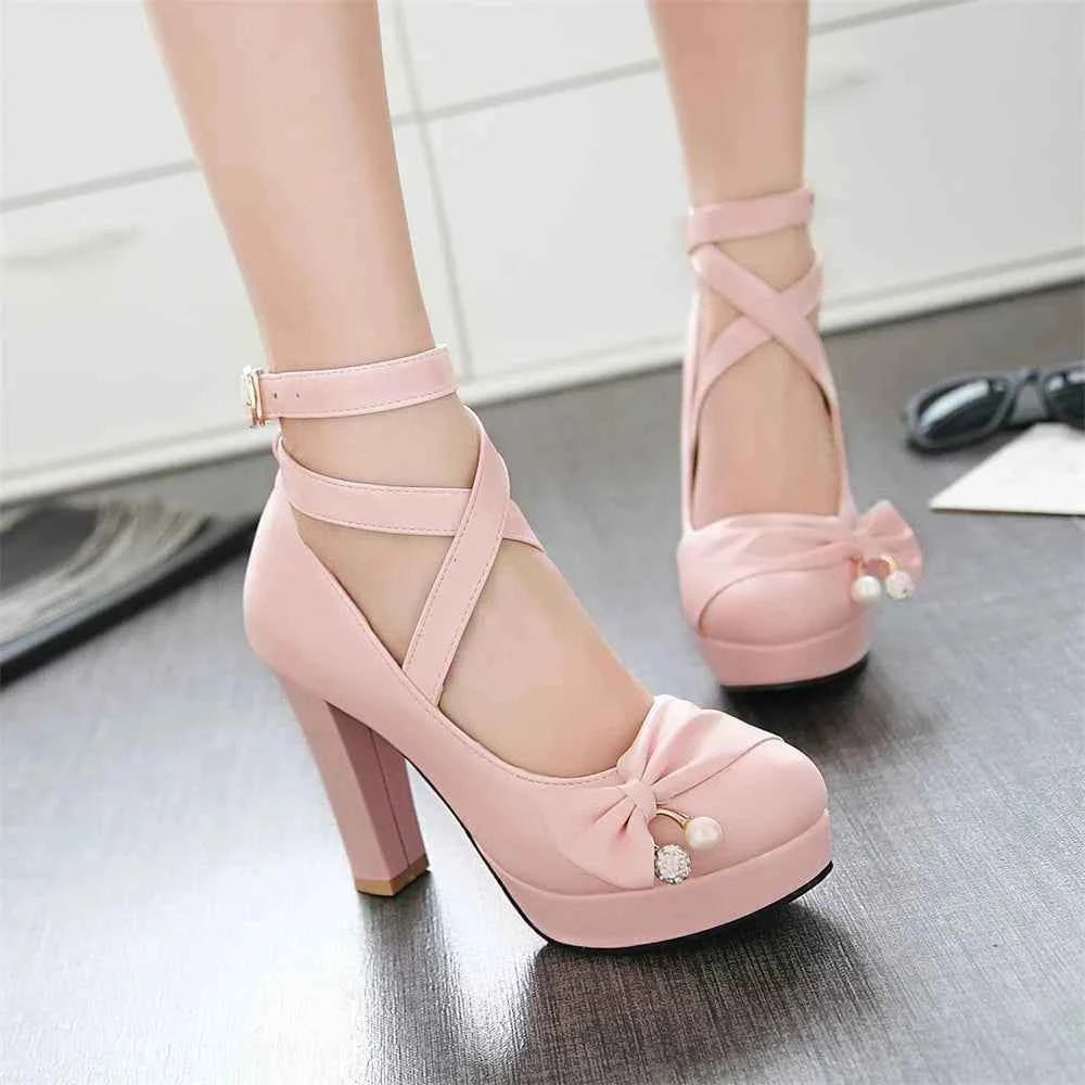 High Heels Women 2025 Trend Chunky Heels Platform Lolita Mary Jane Elegant Party Korean Shoes Dress White The Glossy Fashion