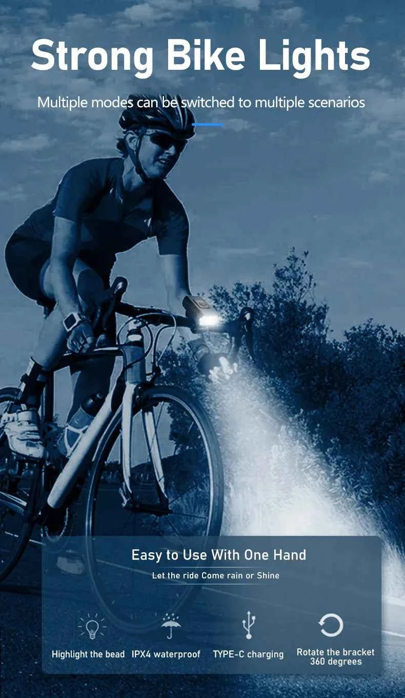 Bicycle Light T6 LED Bike Front Lamp 6 Modes Cycling Lantern Type-C Rechargeable MTB Bike Headlight Flashlight for Night Riding