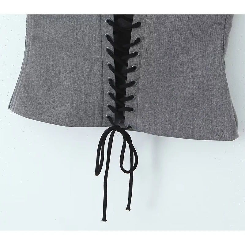 YENKYE Y2K Women Lace Up Bandage Back Gray Crop Top Short Sleeve Square Neck Ladies Sexy Chic Tops