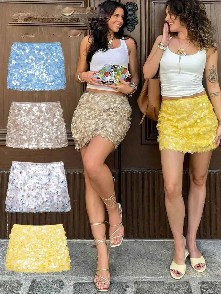 Sexy Woman Sequins Skirt High Waist Versatile Slim Mini Slim Skirts Zipper 2025 Summer Beach Style Women's New Skirt Y2K