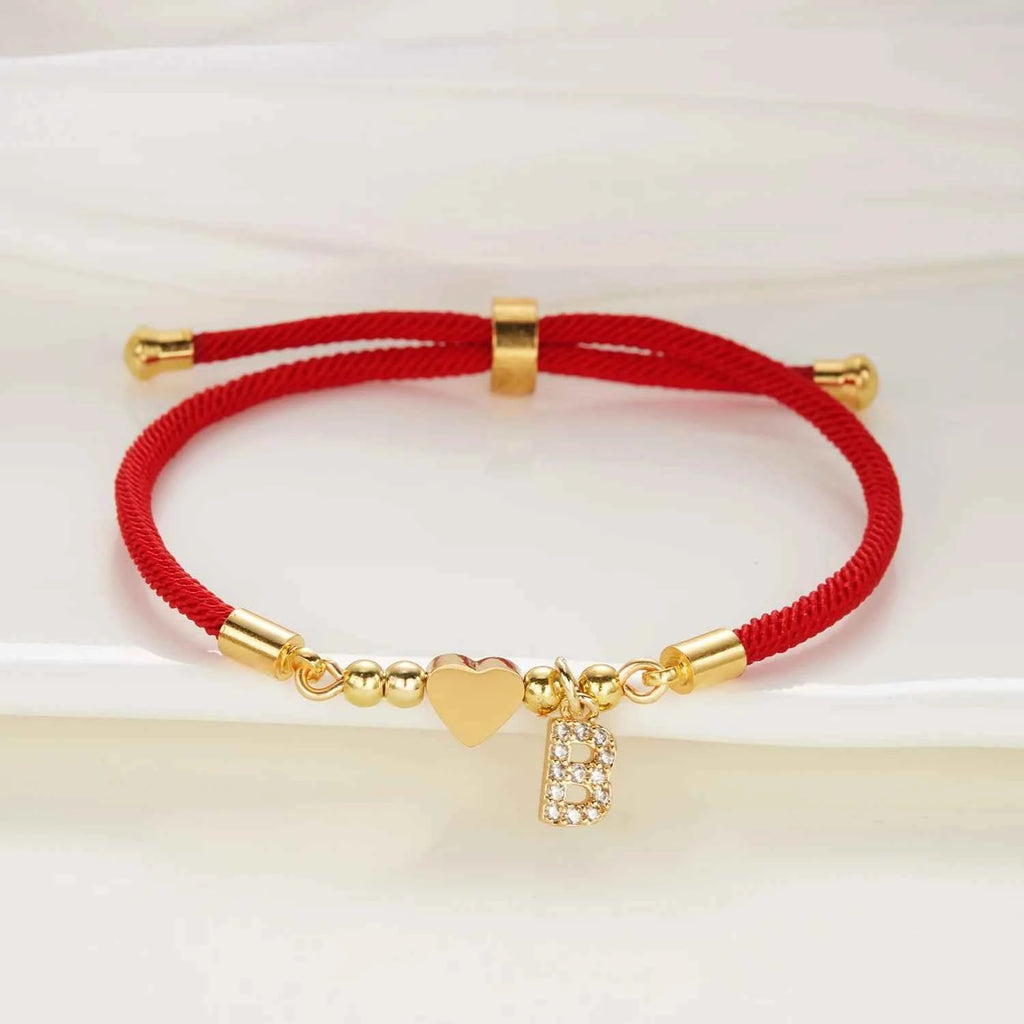 New Gold Stainless Steel Heart Initial Letter Bracelet - Red Rope Charm Jewelry for Men & Women, Lucky Gift