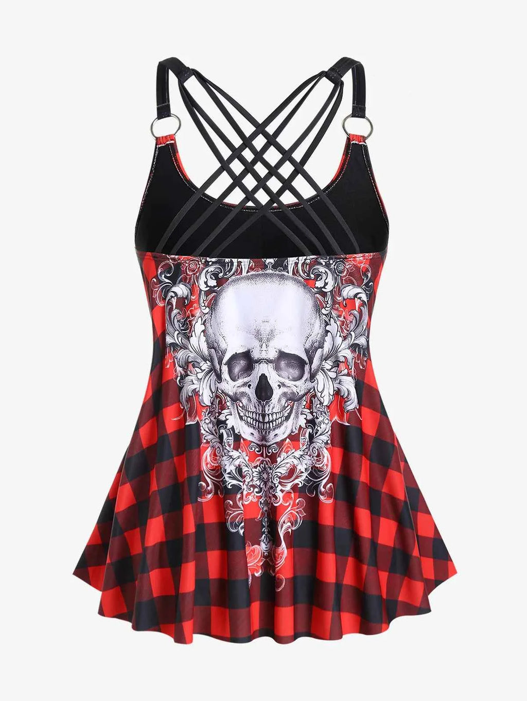 Rosegal Womens Tankini Swimsuit Set Plus Size Modest Skull Plaid Rings Crisscross Boyshorts Swimmwear