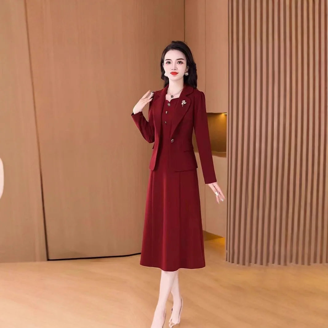Fashionable Red Two-Piece Set Korean Japanese Style Women's Dress Suit Autumn Spring Lightweight Polyester Commute Style