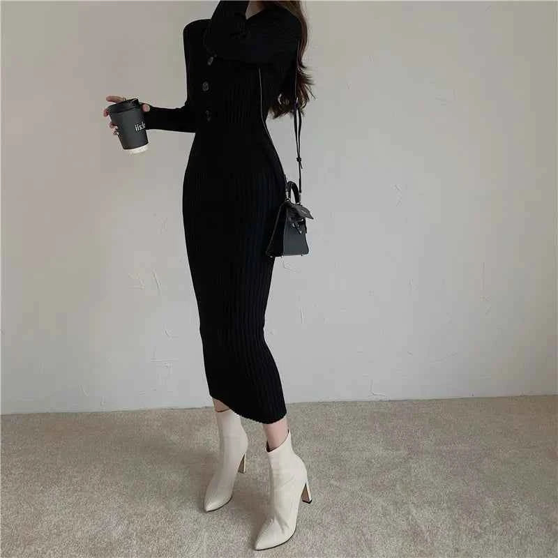 Autumn Winter Sweater Dress For Women 2024 New Arrivals Buttons Up V Neck High Waist Long Knitted Dress Korean Maxi Dresses