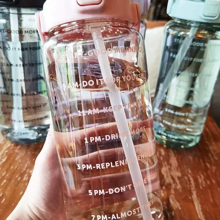 2L Water Bottle Portable Straw Plastic Water Cup for Outdoor Sports Fitness Adult High Value Big Fat Cup with Time Marker