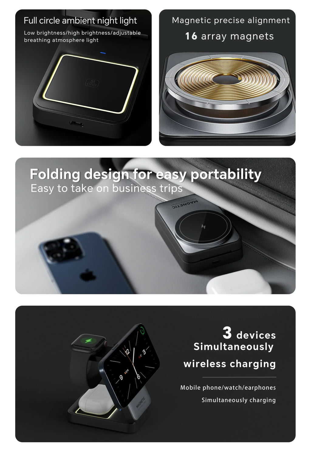 Foldable 3 In 1 Magnetic Wireless Charger Stand For Magsafe iPhone 15 14 13 12 Apple Watch 2-8 Airpods Pro Fast Charging Station