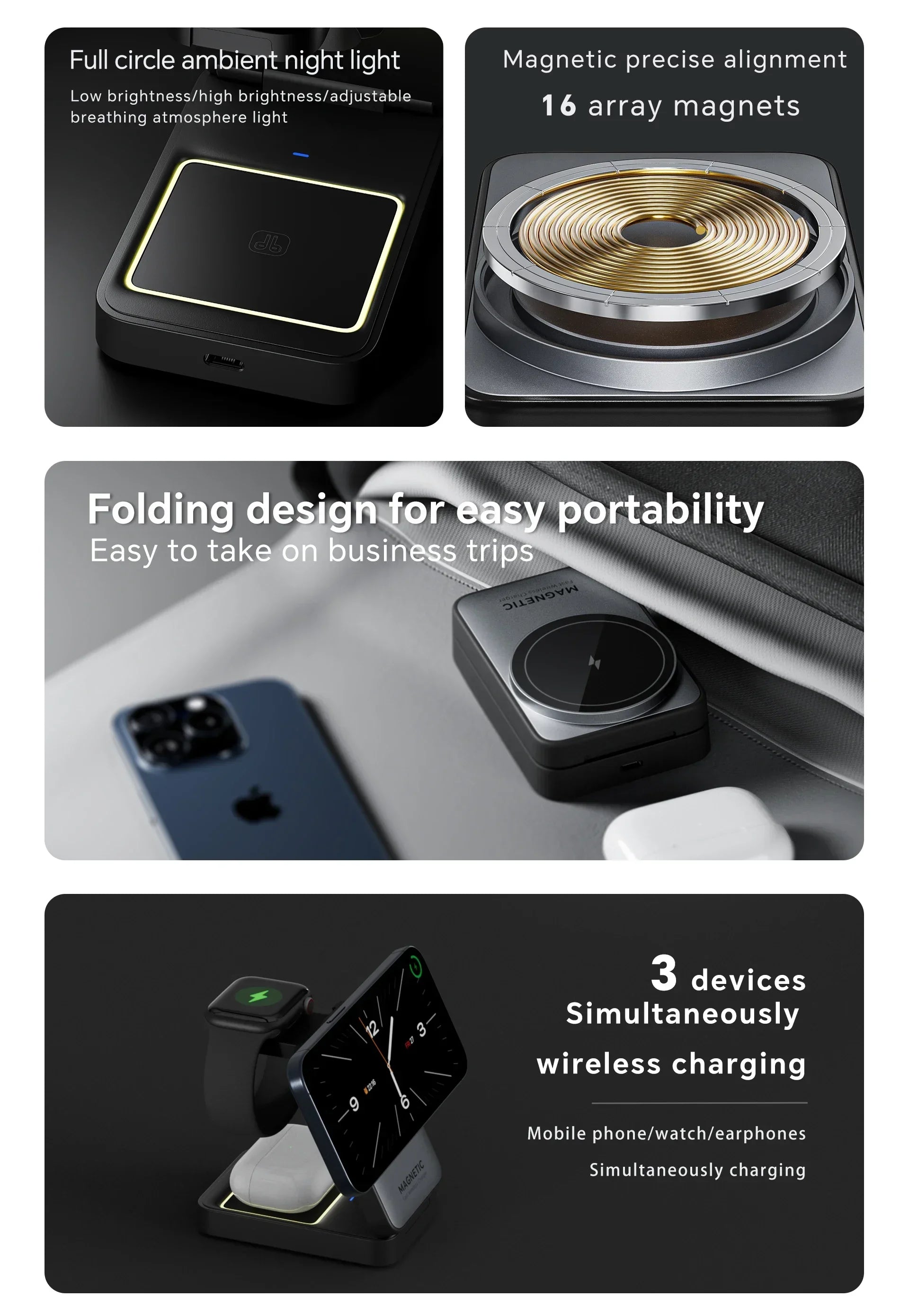 Foldable 3 In 1 Magnetic Wireless Charger Stand For Magsafe iPhone 15 14 13 12 Apple Watch 2-8 Airpods Pro Fast Charging Station