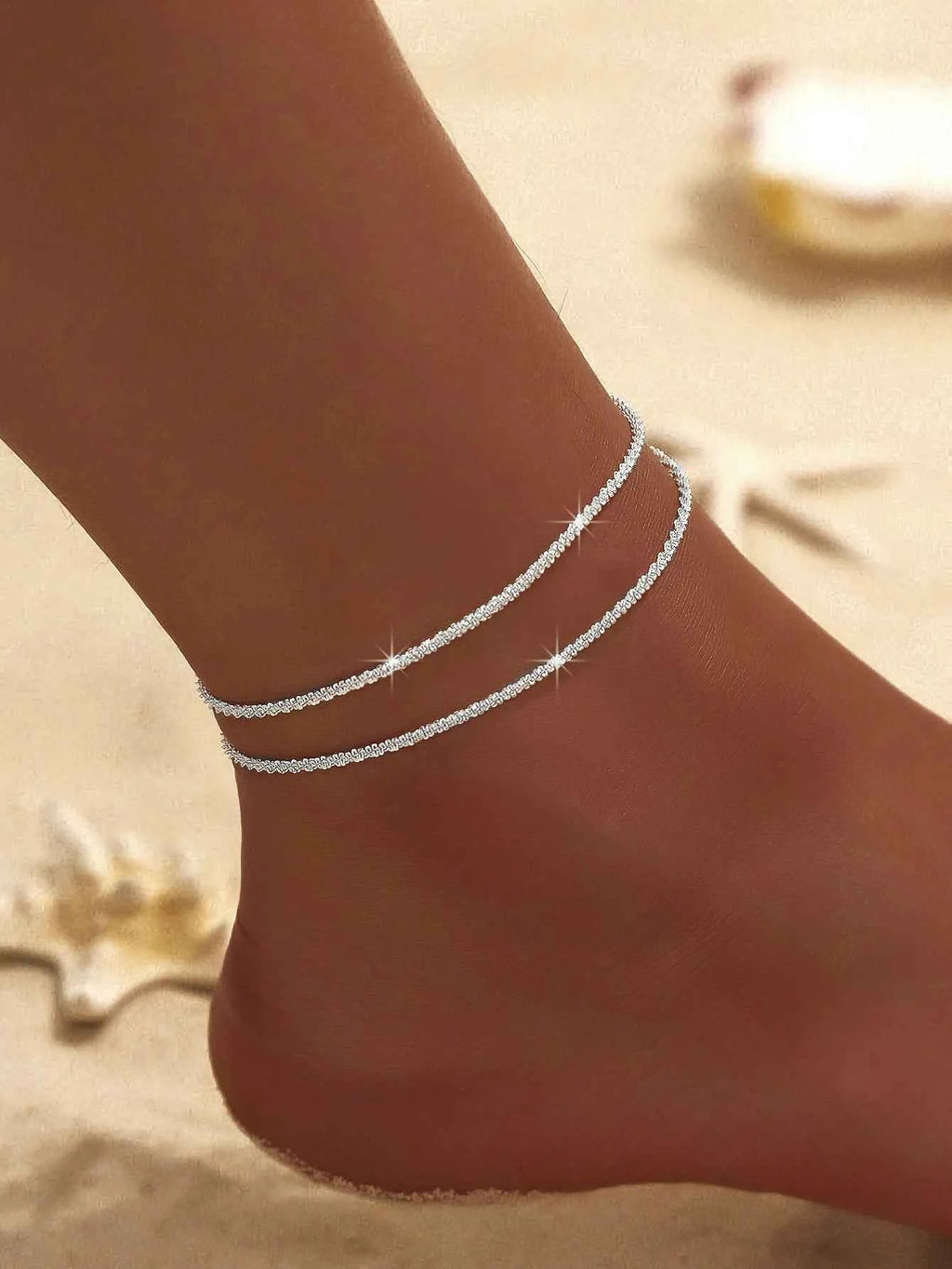 Summer Shiny Sparkling Simple Silver Color Anklet Zircon Cross Love Pearl Double Layer Bracelet On Leg Foot Trendy Beach Jewelry