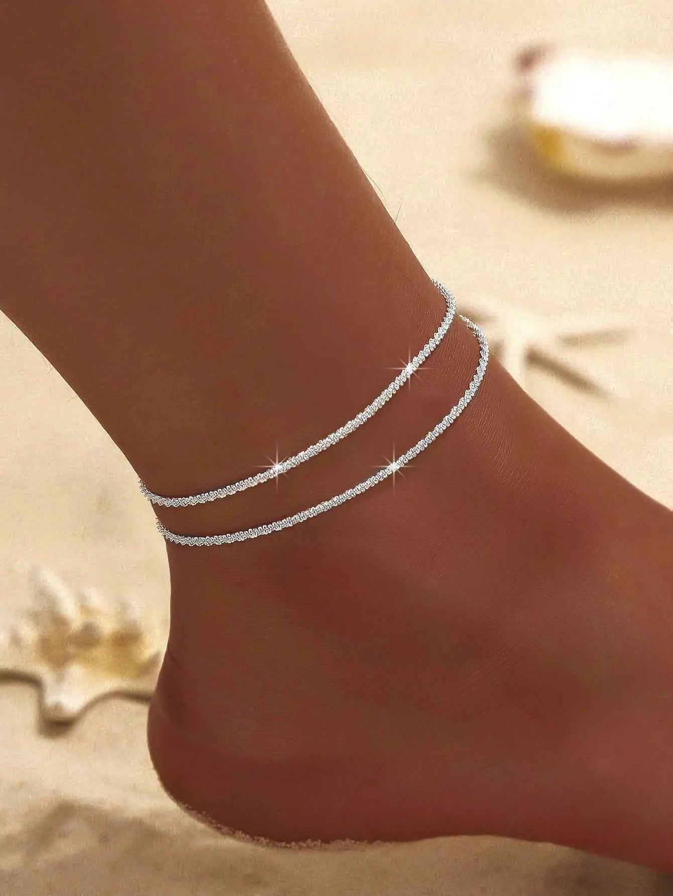 Summer Shiny Sparkling Simple Silver Color Anklet Zircon Cross Love Pearl Double Layer Bracelet On Leg Foot Trendy Beach Jewelry