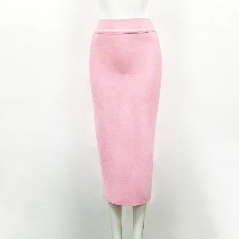 Wholesale 12 Colors 78cm Sexy Beige Black Blue Knee Length Bandage Skirt 2023 Knitted Elastic Sweet Designer Pencil Skirt