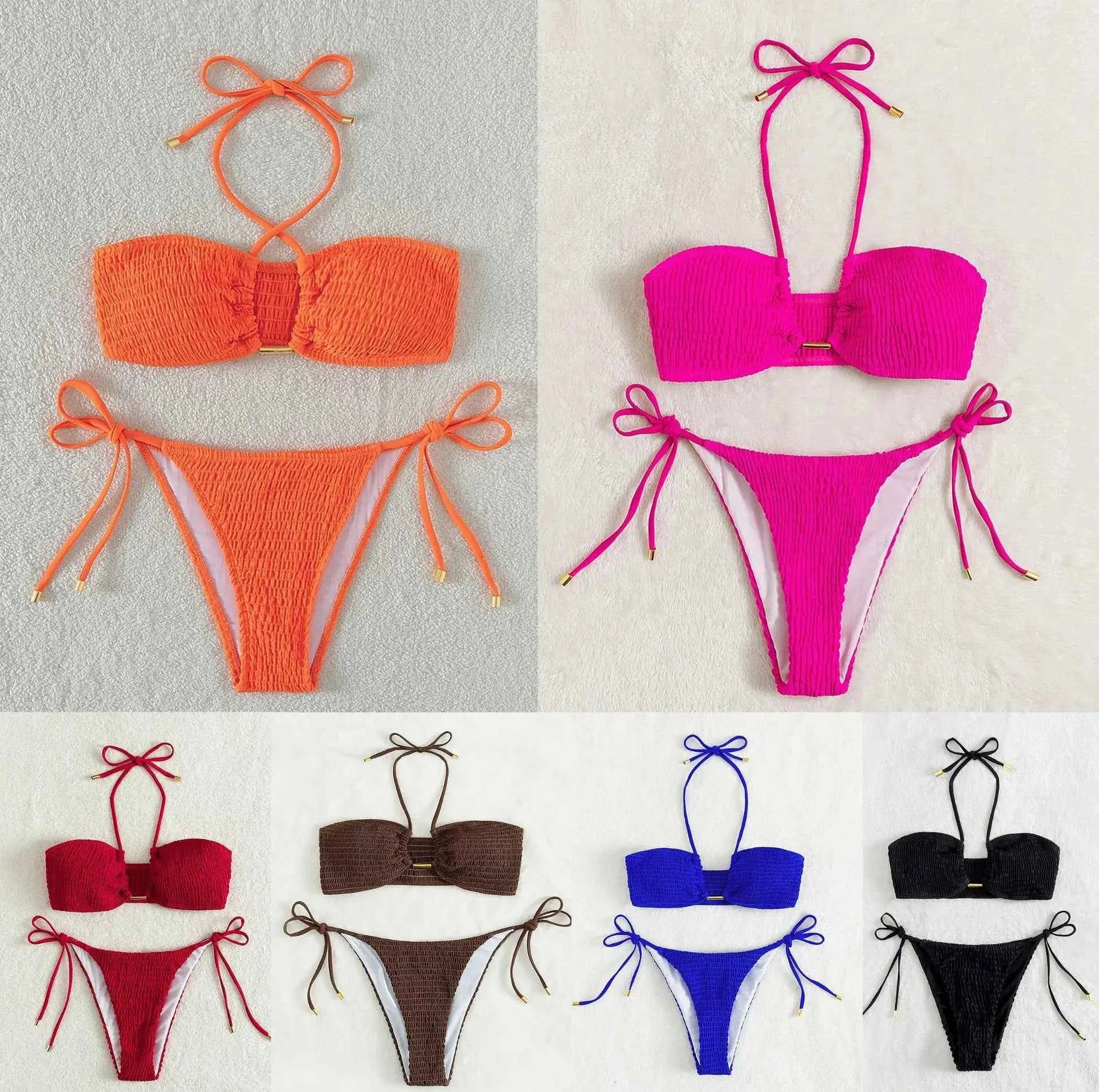 Sexy Triangle Bikini 2024 Women Red Black Ribbed Push Up Micro Swimsuit Cut Out Metal Designer Bathing Suit Knot Thong Swimwear