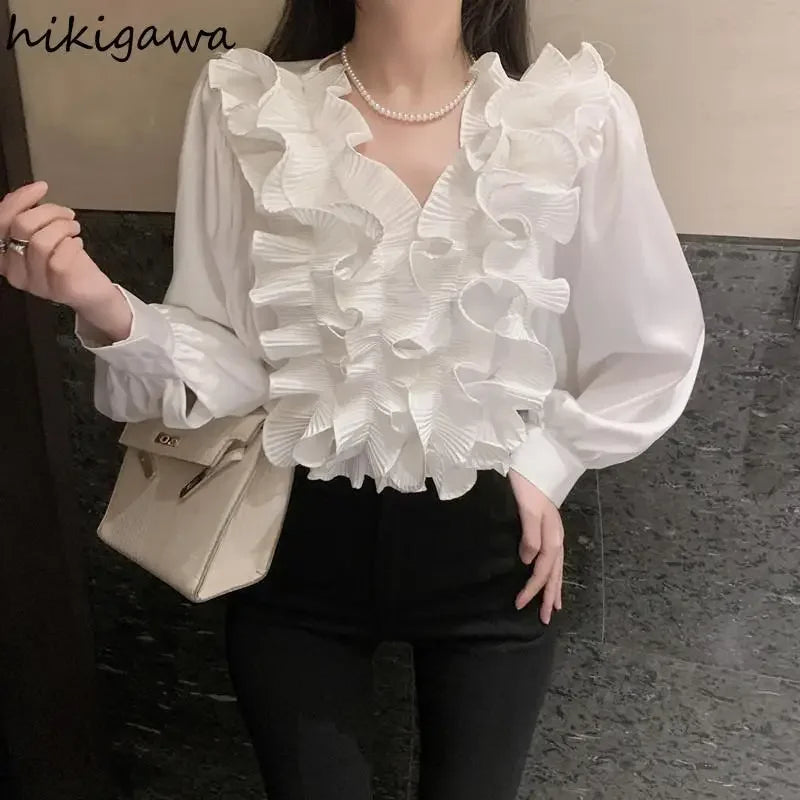 Temperament Lady Tops Blouses for Women V-neck Long Sleeve White Shirts 2025 Blusas Mujer De Moda Ruffles Loose Summer Blouse