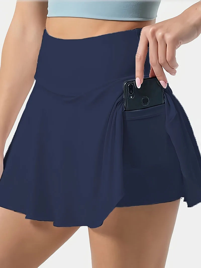 Women's Solid Color High Waisted Tennis Pleated Skirts Inner Pocket Quick Drying Sports Short Running Fitness Skirt