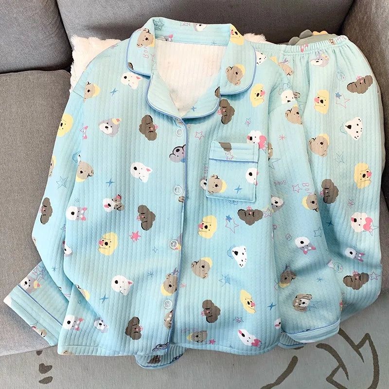 Korean Style Colourful Dot Women's Sleepwear Set 2025 Autumn Winter New Pajamas Set Cute Lapel Neck Casual Homewear 2PC Suit