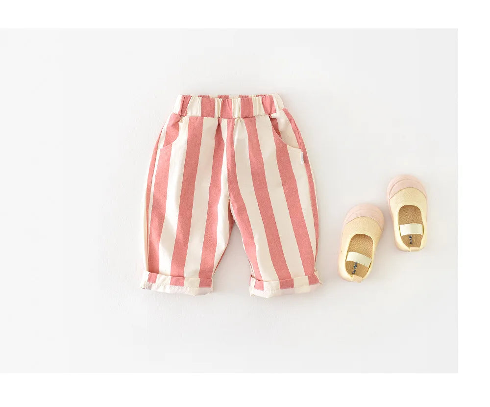 Autumn New Boy Girl Children Loose Striped Casual Pants Baby Pockets Fashion Pants Kid Outdoor Cotton Trousers Toddler Costume