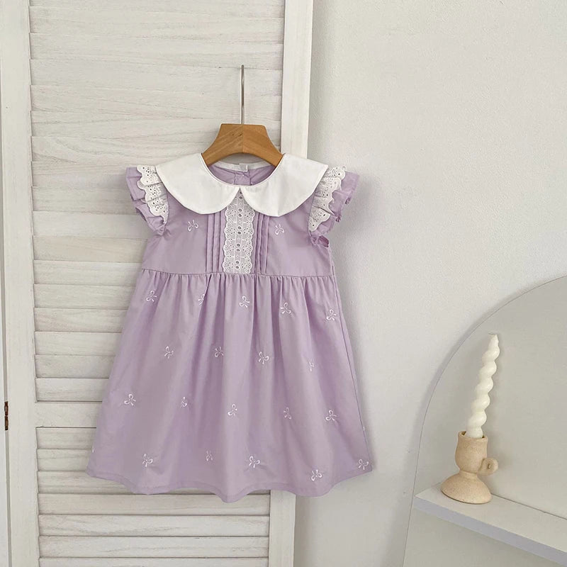 2026 New Summer Sister Clothing 2-6Yrs Kids Princess Flutter Sleeved Dresses Cotton Embroidery Baby Birthday Party Dress